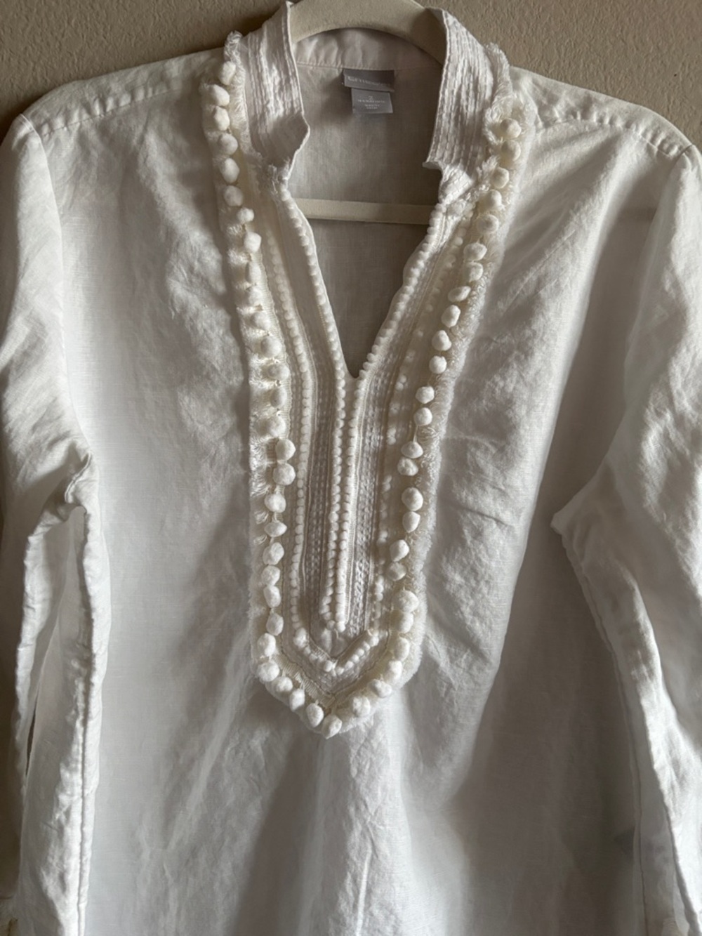 CHICO'S Linen-Blend Kurta Tunic Blouse White Pom-Pom Trim 3/4 Sleeve Size 2 - Picture 4 of 12